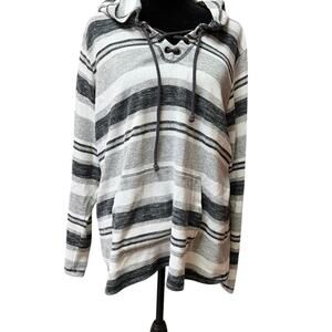 Woman's large black gray white striped sweater hoodie